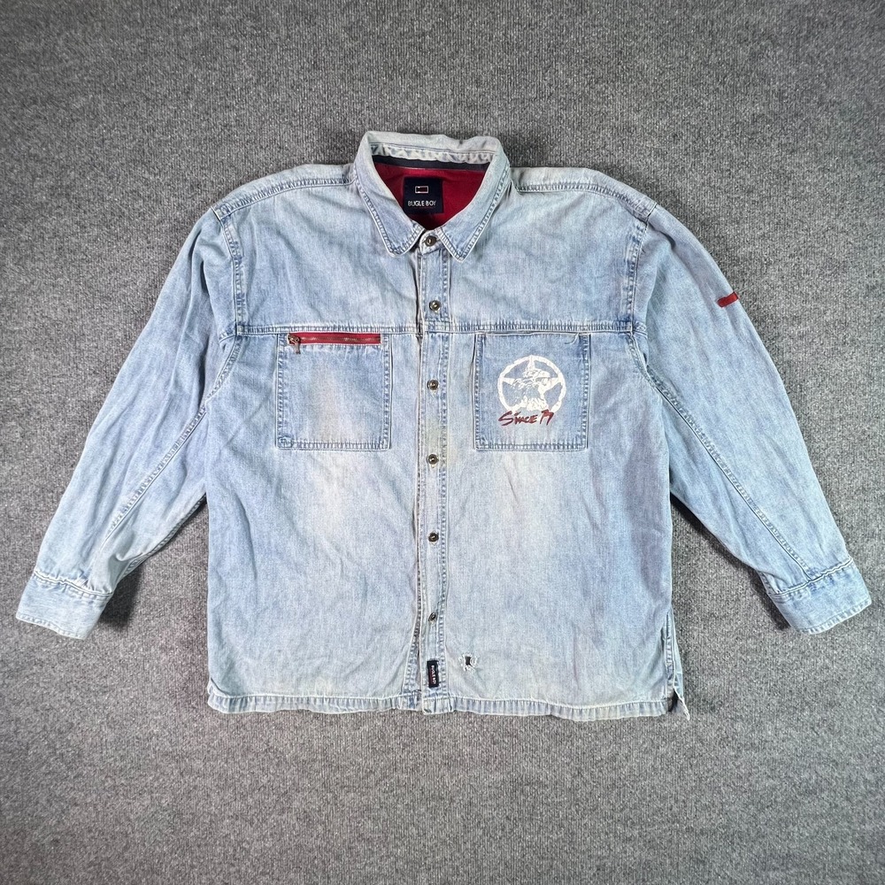 Vintage Bugle Boy Button Up Shirt Mens Large Blue Denim Western Workwear Outdoor